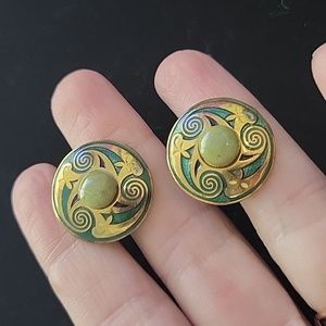 Vintage green and gold art deco clip on disc earrings